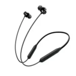 OnePlus Bullets Wireless Z2 neckband earphones showing the flexible silicone neck band layout, magnetic earbud tips snapped together, and integrated volume control buttons