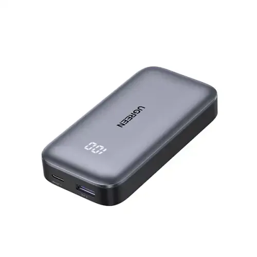pb502-01-500x500 UGREEN 25185 10000mAh 30W Fast Charging Power Bank showing a sleek space grey pocket-sized backup battery pack with a smart digital LED percentage screen and dual charging ports view