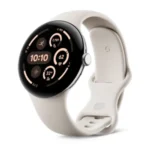 Google Pixel Watch 3 premium flagship smartwatch with silver aluminum case porcelain active band rotating crown dial perspective view