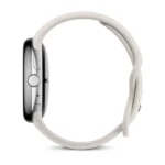 Google Pixel Watch 3 premium flagship smartwatch with silver aluminum case porcelain active band rotating crown dial perspective view