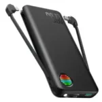 Joyroom JR-L014 22.5W 10000mAh Power Bank showing the compact pocket-sized matte black ABS body, front panel with 4-level LED indicator lights, and the built-in Type-C and Lightning charging cables layout