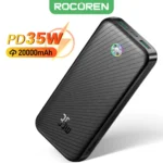 Rocoren Pro Max 20000mAh premium high capacity portable power bank with 35w type-c power delivery output dual 22.5w usb-a ports anti fingerprint striped shell and interactive led digital status display screen view]