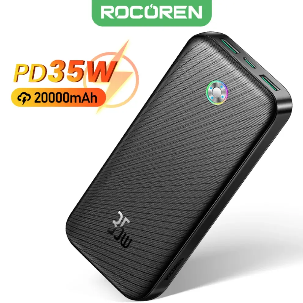 Rocoren Pro Max 20000mAh premium high capacity portable power bank with 35w type-c power delivery output dual 22.5w usb-a ports anti fingerprint striped shell and interactive led digital status display screen view]