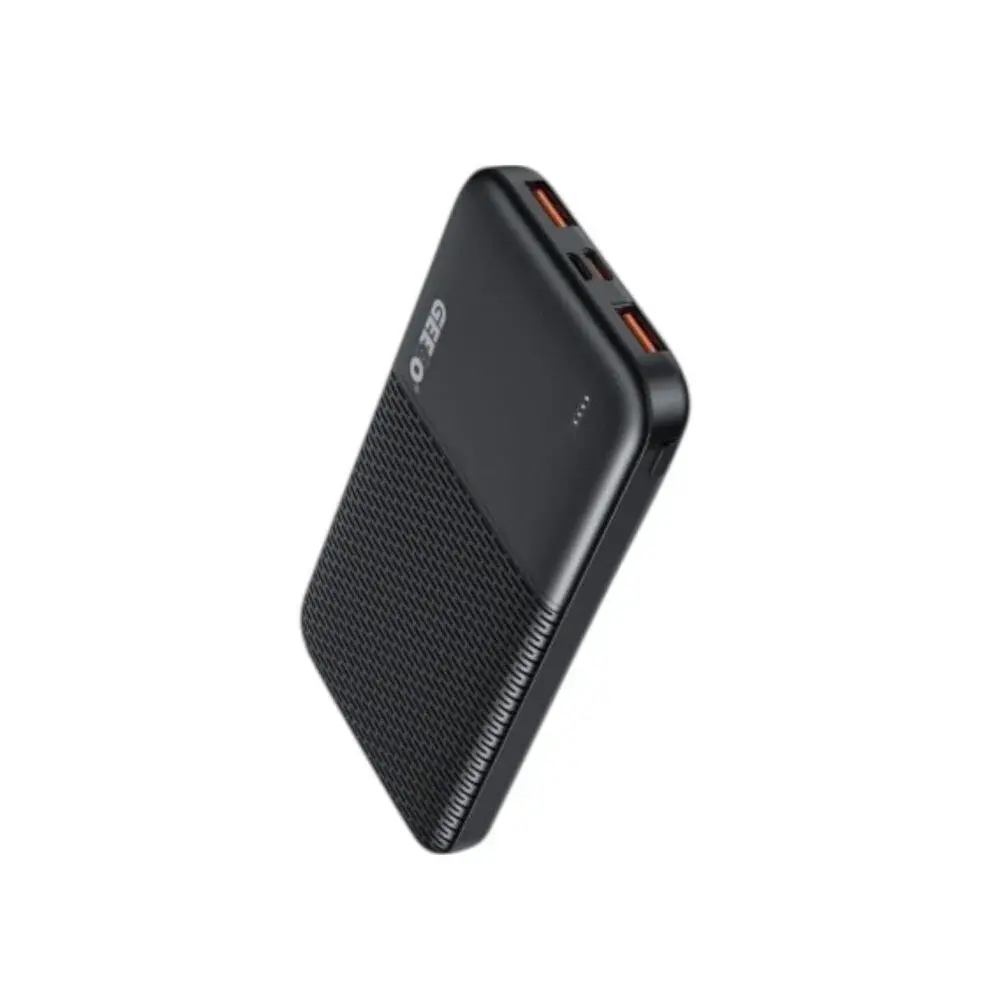 Geeoo P5 10000mAh premium high capacity portable power bank with fast charging layout and dual usb multi-port interface fire retardant sleek matte frame with led battery indicator status view