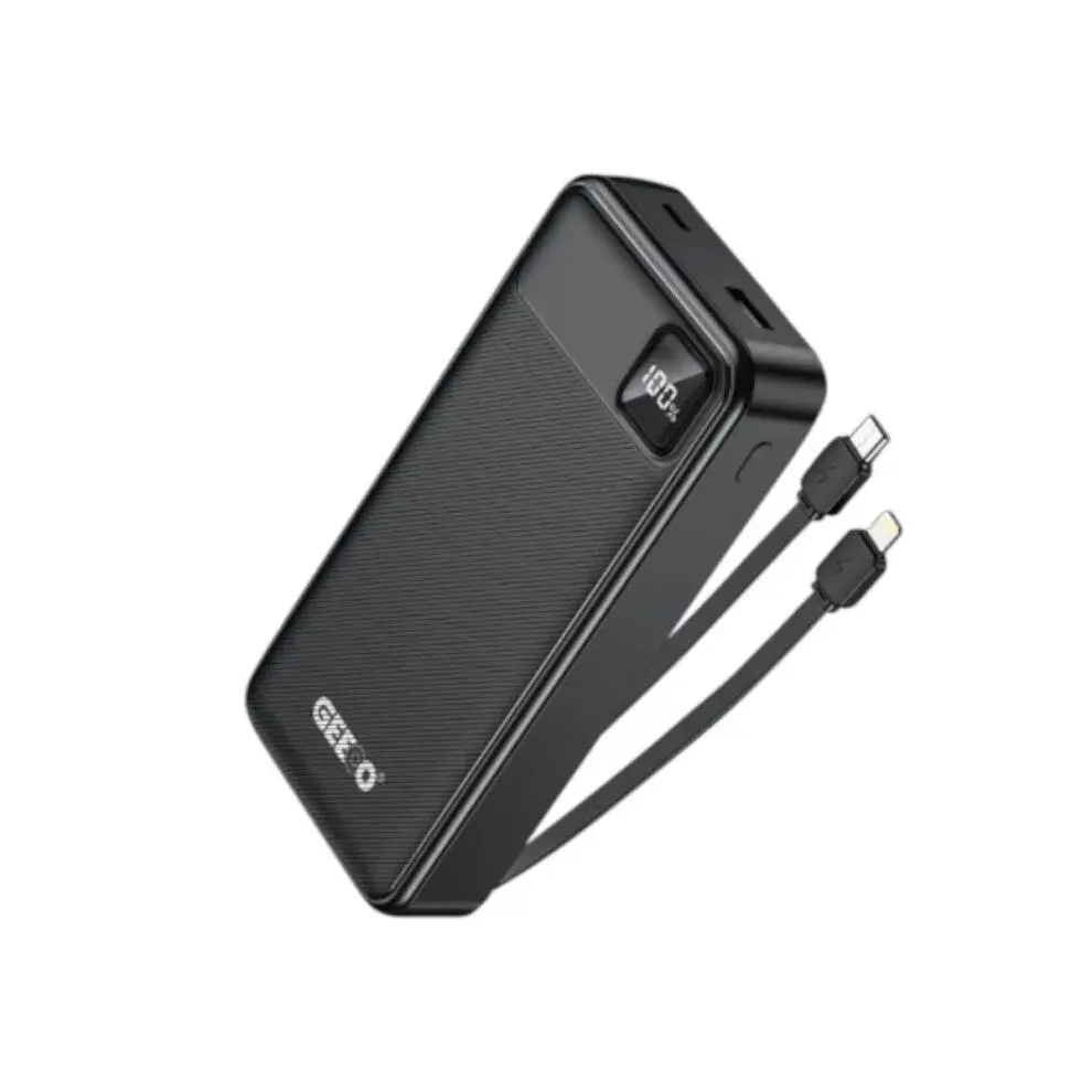Geeoo P700 20000mAh premium high capacity cable edition portable power bank with built-in type-c and lightning cords 22.5w super fast charging layout fire retardant matte frame with digital led display status view]
