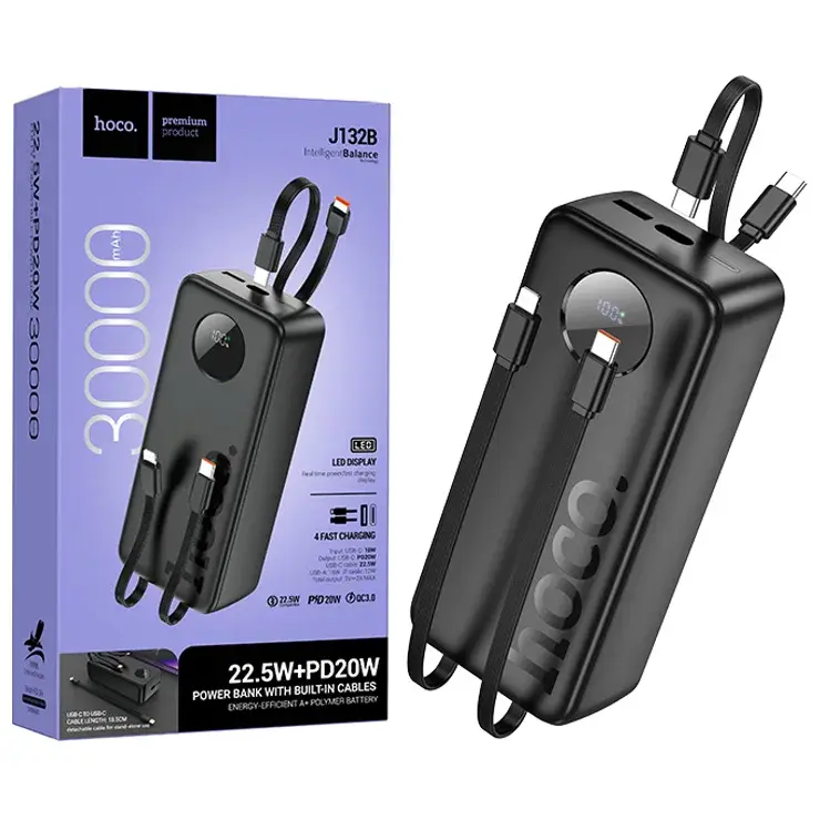 Hoco J132B 30000mAh premium high capacity portable power bank with dual usb output multi-port layout fire retardant sleek matte shell with digital led battery percentage display status view]