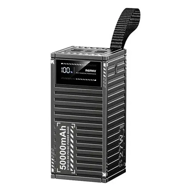 Remax RPP-161 50000mAh premium high capacity industrial container series power bank with 20w power delivery and 22.5w super fast charging multi-port layout rugged mechanical shell with digital led percentage display and built-in flashlight status view]
