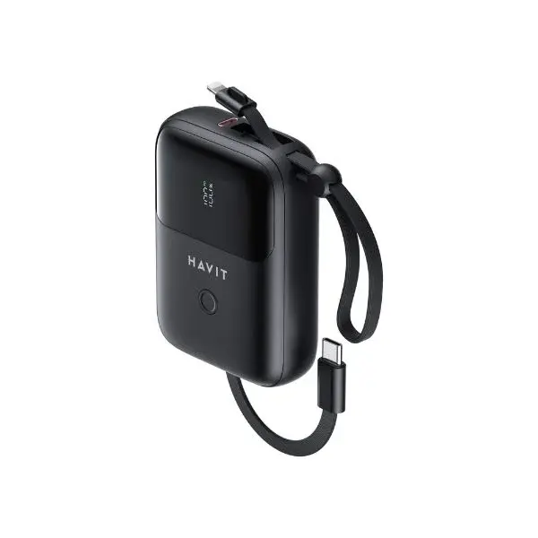 Havit PB5215 10000mAh premium high capacity portable power bank with built-in type-c cable and lightning cable fire retardant sleek pocket-sized layout with digital led battery percentage display status view]