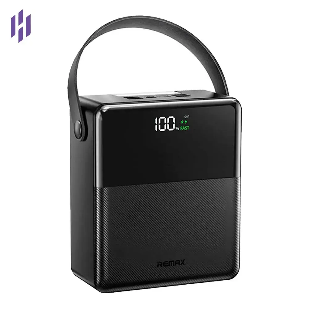Remax FP-1 100000mAh premium high capacity big power bank station with multi-port fast charging layout fire retardant heavy duty chassis with digital led battery percentage display and integrated emergency light status view]