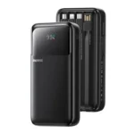 Remax FCP-2 20000mAh premium high capacity portable power bank with 4 built-in charging cables type-c lightning micro-usb fire retardant sleek armor shell layout with digital led battery percentage display status view]
