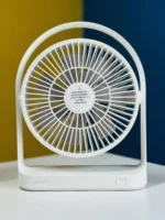 Jisulife FA19A premium compact battery free portable usb desktop fan with 4 speed adjustable dc motor and type-a power cable input fire retardant sleek pocket friendly matte shell layout with 270 degree rotation frame front view