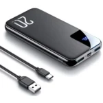 Joyroom JR-QP190 Mini premium ultra compact 10000mAh pocket size portable power bank with 20W fast charging type-c power delivery port and dual usb-a outputs fire retardant sleek matte shell layout with circular digital led battery status screen front view