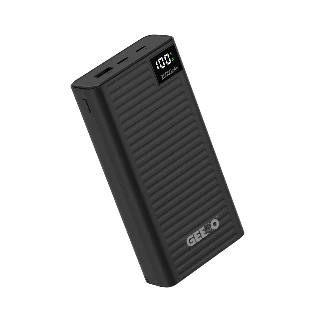Geeoo P400 20000mAh premium high capacity portable power bank with 22.5W fast charging dual usb-a outputs and type-c power delivery port fire retardant sleek anti slip black shell layout with digital led battery status screen front view]