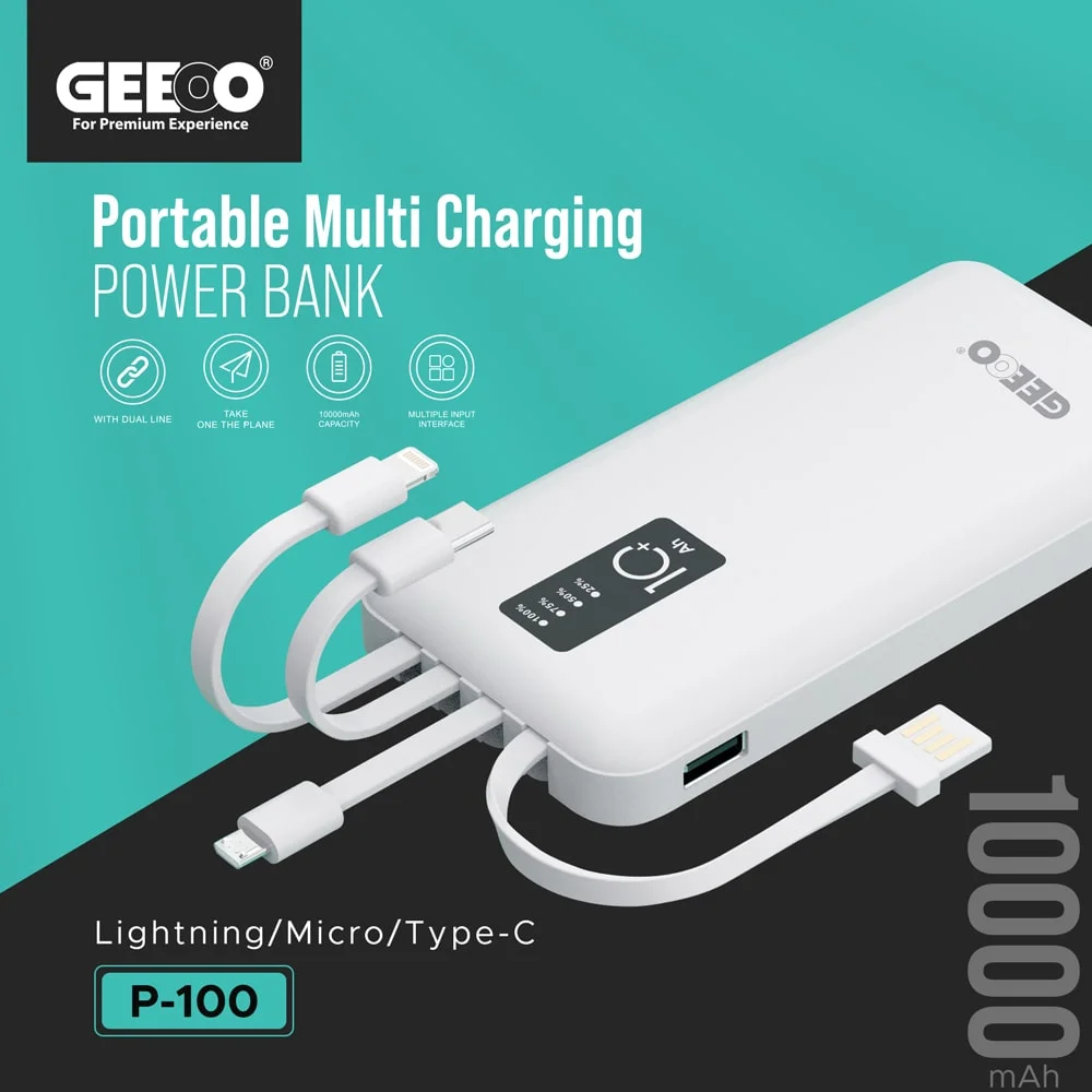 Geeoo P100 10000mAh premium portable power bank with built-in attached type-c micro-usb and lightning charging cables fire retardant sleek anti slip matte black shell layout with led power indicator view