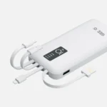 Geeoo P100 10000mAh premium portable power bank with built-in attached type-c micro-usb and lightning charging cables fire retardant sleek anti slip matte black shell layout with led power indicator view