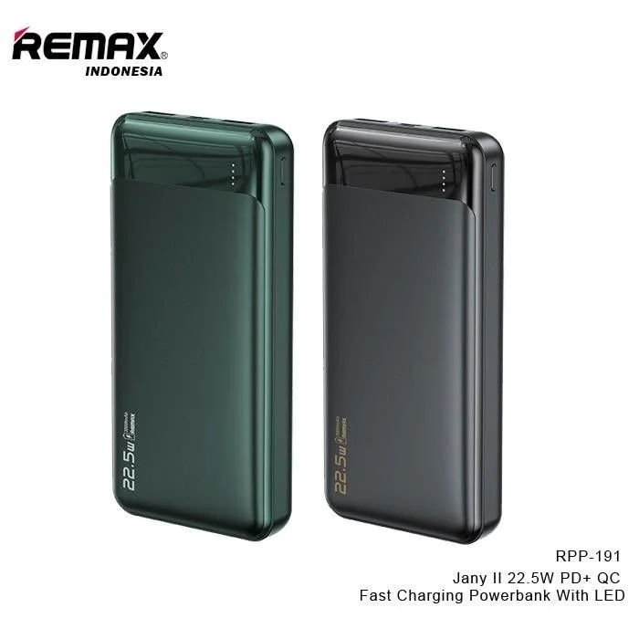Remax RPP-191 20000mAh premium high capacity portable power bank with 22.5W fast charging dual usb-a outputs and type-c power delivery port fire retardant sleek anti slip matte shell layout with digital led battery status screen front view