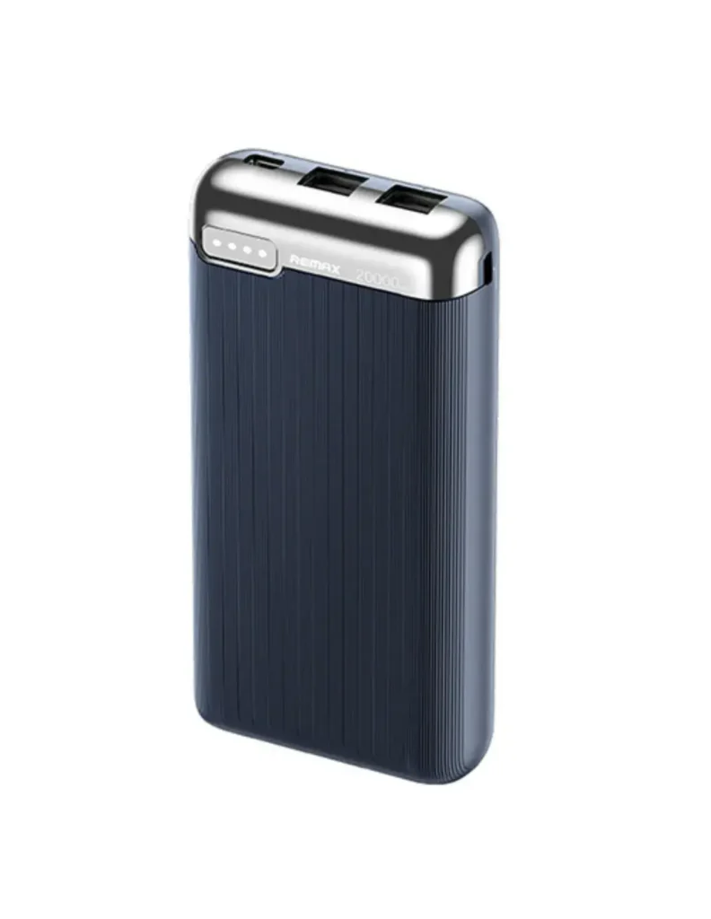 Remax RPP-626 20000mAh premium large capacity portable power bank with dual 2.1A usb-a output ports and type-c micro-usb dual input channels fire retardant sleek matte white shell layout with led grid battery indicator front view