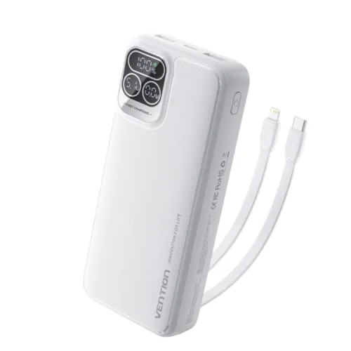 Vention 22.5W 20000mAh premium high capacity portable power bank with built-in 22.5w usb-c cable and 20w lightning power delivery cable fire retardant sleek front layout with digital led battery percentage display status view