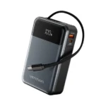 Vention 65W 20000mAh premium high capacity laptop portable power bank with built-in 65w type-c cable and hanging lanyard strap fire retardant titanium grey shell layout with digital led battery percentage display status view]
