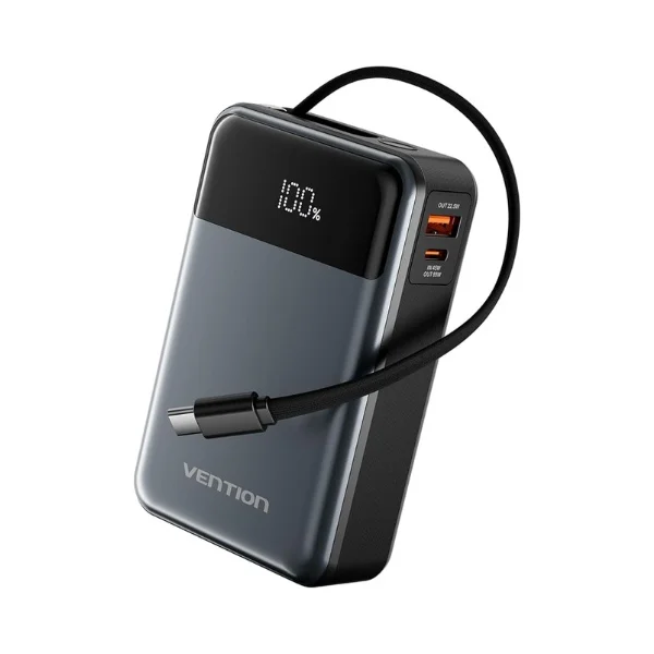 Vention 65W 20000mAh premium high capacity laptop portable power bank with built-in 65w type-c cable and hanging lanyard strap fire retardant titanium grey shell layout with digital led battery percentage display status view]
