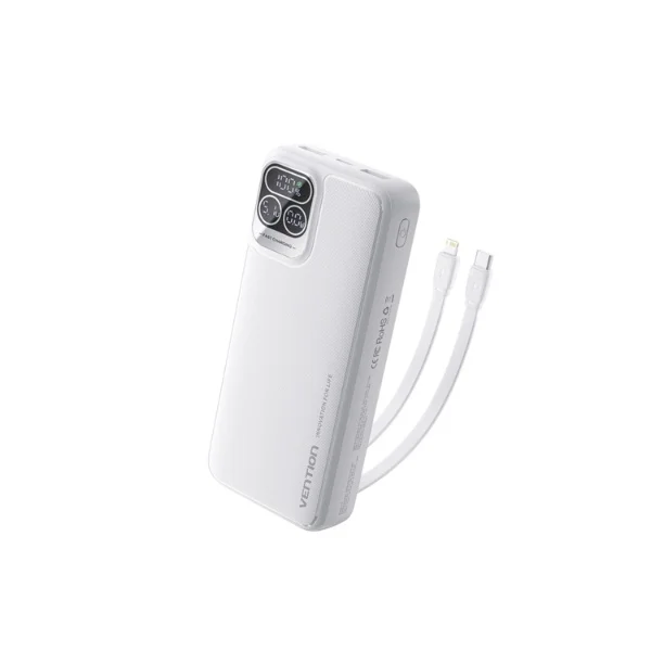 Vention 22.5W 20000mAh premium high capacity portable power bank with built-in 22.5w usb-c cable and 20w lightning power delivery cable fire retardant sleek front layout with digital led battery percentage display status view
