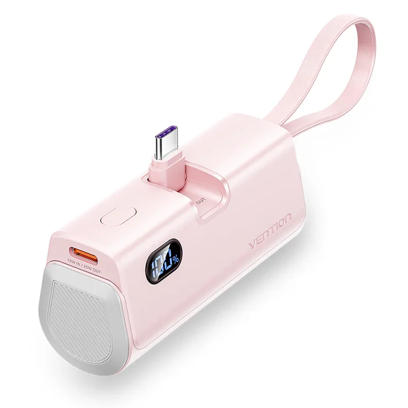 Vention 22.5W 4800mAh premium mini compact portable power bank with built-in 22.5w type-c cable and lightning connector fire retardant sleek pocket friendly layout with digital led battery percentage display status view]