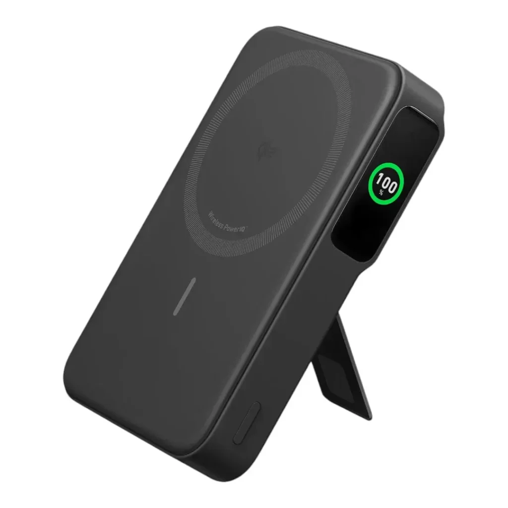 Anker MagGo 15W 10000mAh premium high capacity magnetic wireless portable power bank with qi2 certification and built-in folding kickstand sleek layout with side digital smart led battery percentage display status view]