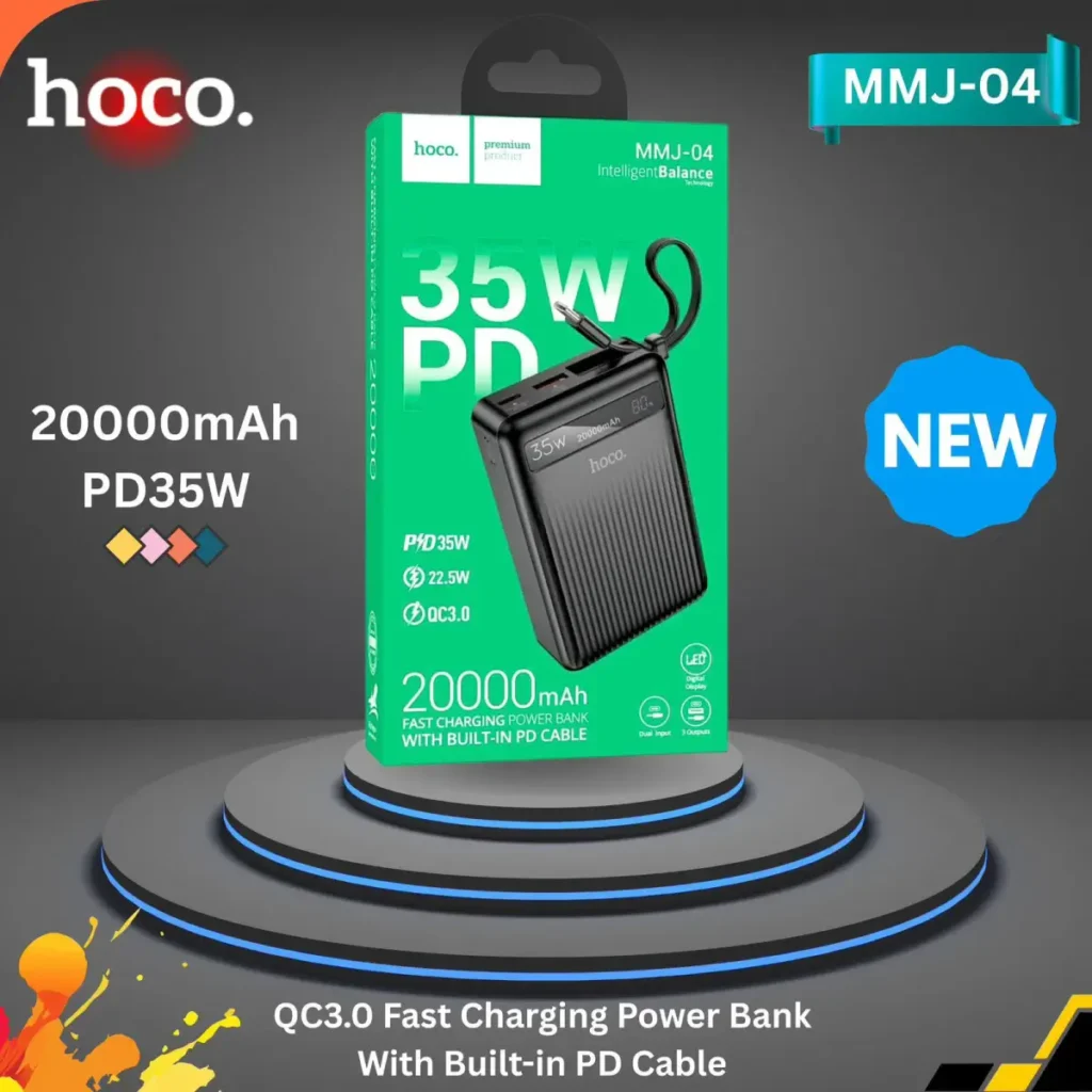 Hoco MMJ-04 20000mAh premium high capacity portable power bank with built-in 35w type-c power delivery cable fire retardant sleek shell layout with front digital led battery percentage display status view]