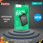 Hoco MMJ-04 20000mAh premium high capacity portable power bank with built-in 35w type-c power delivery cable fire retardant sleek shell layout with front digital led battery percentage display status view]