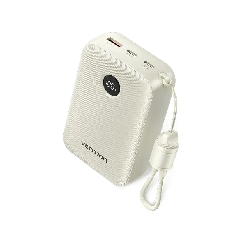 Vention FKBN0-C 20000mAh premium high capacity portable power bank with built-in 22.5w type-c to type-c cable fire retardant sleek armor shell layout with digital led battery percentage display status view]
