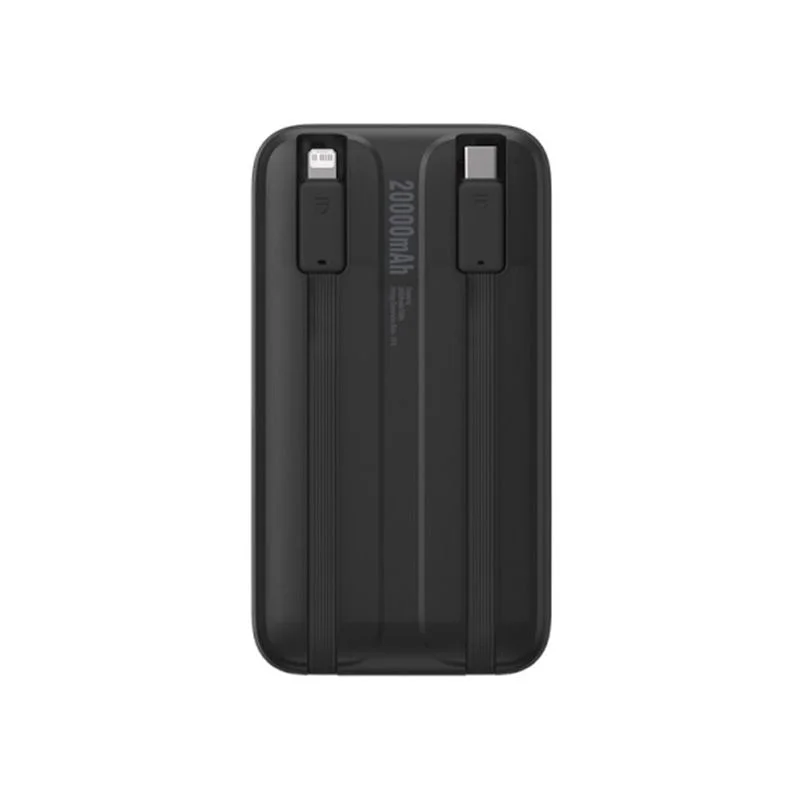 Remax RPP-38 20000mAh premium high capacity portable power bank with built-in 22.5w type-c cable and 20w lightning power delivery cable fire retardant sleek matte shell layout with digital led battery percentage display status view]