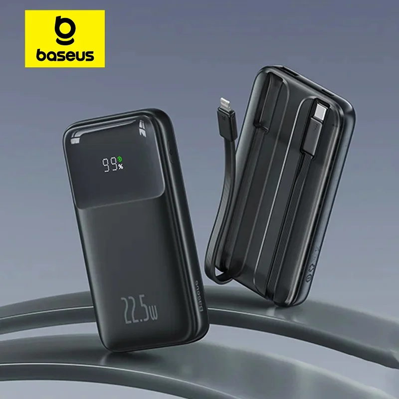 Baseus Comet 20000mAh premium high capacity portable power bank with built-in 22.5w type-c cable and 20w lightning power delivery cable fire retardant sleek glossy front panel layout with digital led battery percentage display status view]