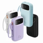 Baseus Comet 20000mAh premium high capacity portable power bank with built-in 22.5w type-c cable and 20w lightning power delivery cable fire retardant sleek glossy front panel layout with digital led battery percentage display status view]