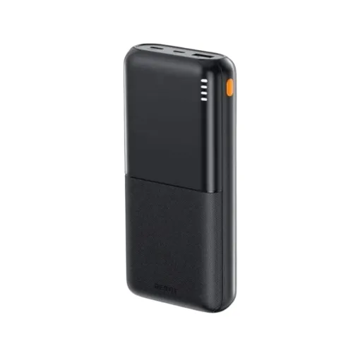 Remax RPP-26 Lango II Series premium heavy duty 20000mAh high capacity portable power bank with dual smart usb-a output ports fire retardant anti slip textured finish shell layout with discrete multi led battery level indicators front view