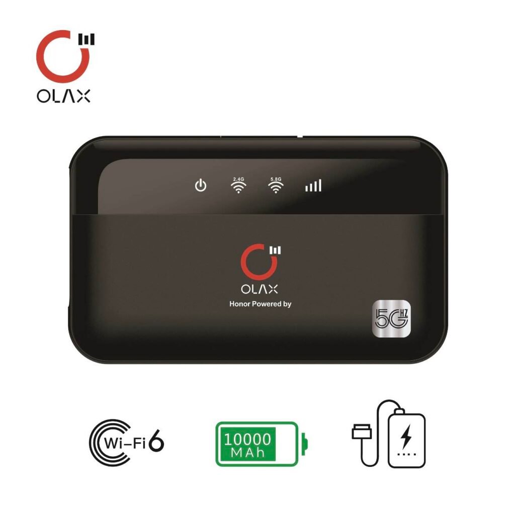 Olax M100 premium compact hybrid 10000mAh high capacity portable pocket router power bank with high speed 5GHz wifi 6 dual band connectivity and smart usb charging port fire retardant sleek portable shell layout with real time digital led network status screen front view