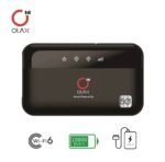 Olax M100 premium compact hybrid 10000mAh high capacity portable pocket router power bank with high speed 5GHz wifi 6 dual band connectivity and smart usb charging port fire retardant sleek portable shell layout with real time digital led network status screen front view