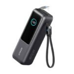 Anker Zolo 165W premium heavy duty 25000mAh high capacity laptop power bank with integrated built-in type-c fast charging cable 165W multi port power delivery output smart digital display screen tracking real time status metrics front view