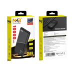MKB PK10 premium compact 10000mAh high capacity portable power bank with dual 2.1A fast charging usb-a output ports fire retardant sleek pocket friendly shell layout with discrete multi led battery level indicators front view