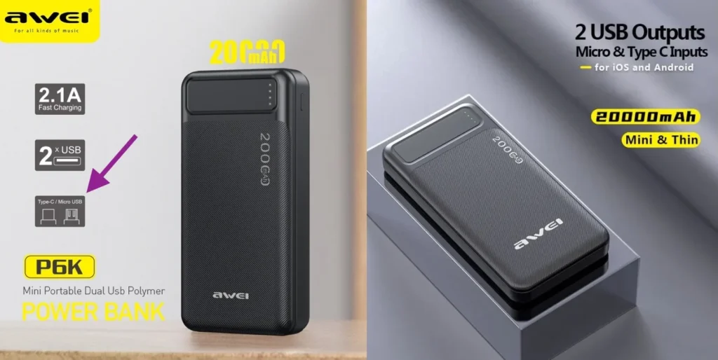 Awei P6K premium heavy duty 20000mAh high capacity external power bank with dual usb-a smart output ports micro-usb and type-c inputs dual texture anti slip shell layout with discrete led battery status level indicator lights front view