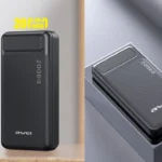 Awei P6K premium heavy duty 20000mAh high capacity external power bank with dual usb-a smart output ports micro-usb and type-c inputs dual texture anti slip shell layout with discrete led battery status level indicator lights front view