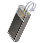 Hoco J104A 20000mAh 22.5W fast charging power bank showing its sleek rectangular matte body with an integrated digital LED battery percentage display screen, standard USB ports, and built-in flat USB-C and Lightning cables neatly tucked into its side grooves