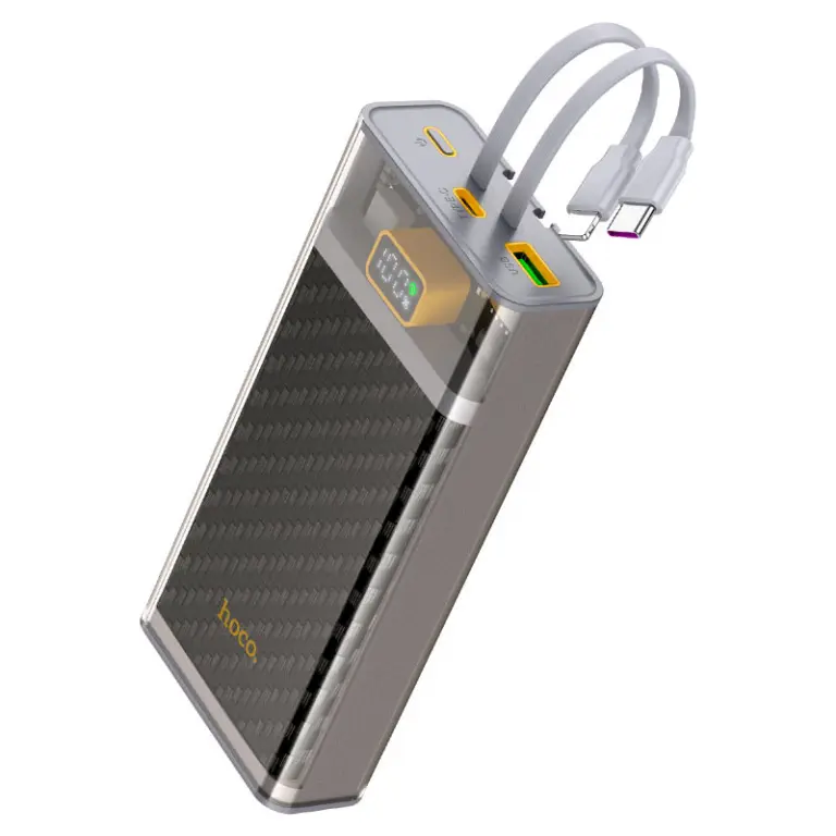 Hoco J104A 20000mAh 22.5W fast charging power bank showing its sleek rectangular matte body with an integrated digital LED battery percentage display screen, standard USB ports, and built-in flat USB-C and Lightning cables neatly tucked into its side grooves