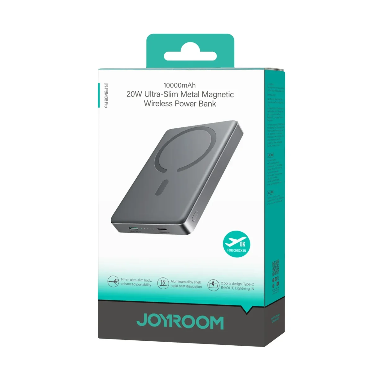 Joyroom JR-PBM08 Pro premium metallic 10000mAh high capacity magnetic wireless power bank with 15W magsafe fast charging 20W power delivery type-c input output port smart digital led percentage display monitor sleek metal shell layout with kickstand front view
