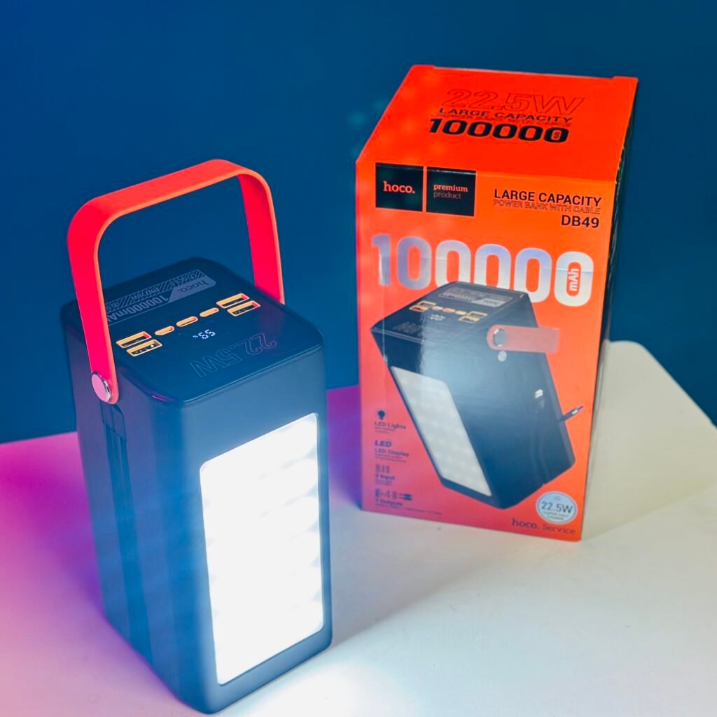 Hoco DB49 premium heavy duty 100000mAh high capacity colossal power bank station with 22.5W fast charging usb-a port 20W power delivery type-c interface built in carry strap smart digital led percentage display monitor front view matte shell layout