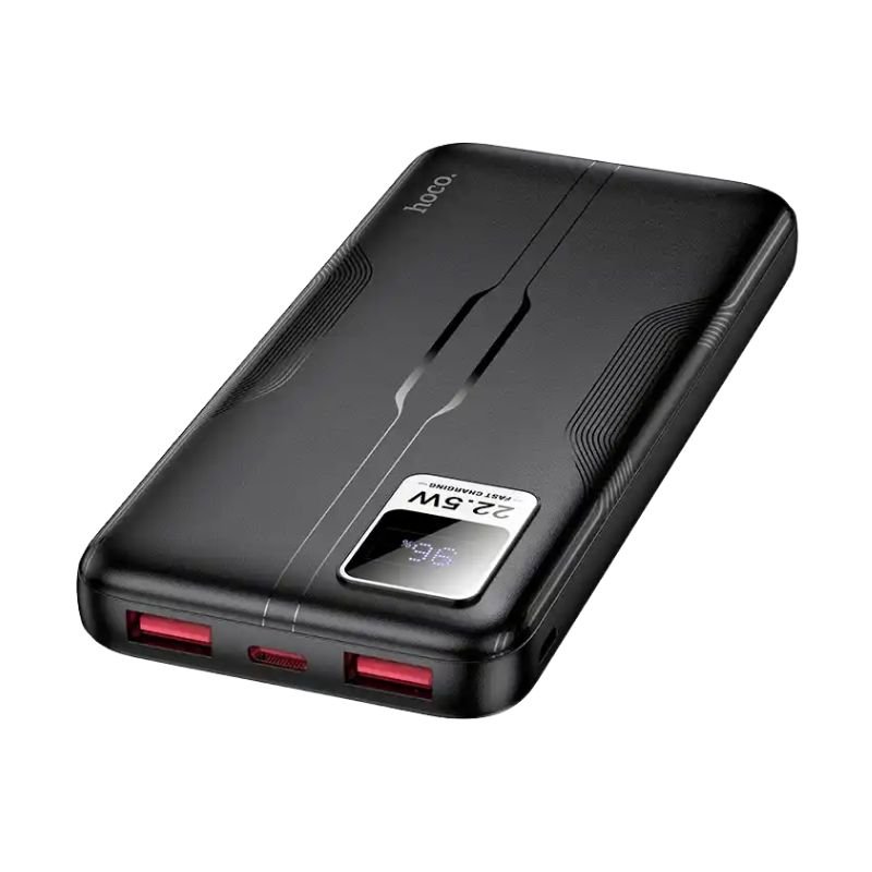 Hoco MMJ15 premium pocket size 10000mAh ultra compact power bank with high speed multi port usb output interface dual input channels intelligent led battery level indicator lights and flame retardant matte protective chassis front view layout