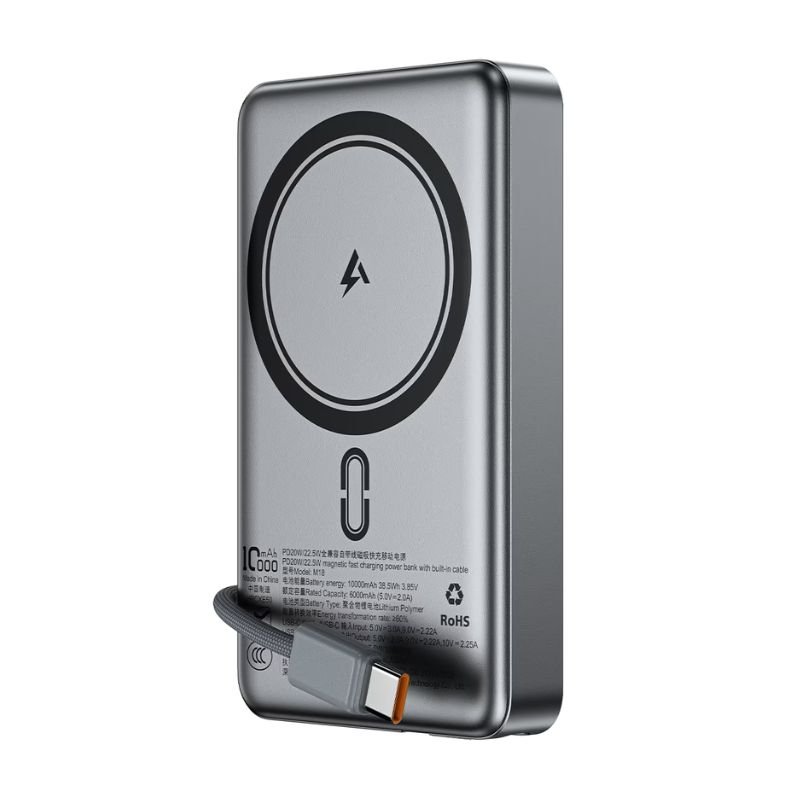 Acefast M18 premium pocket size 10000mAh magnetic wireless power bank with integrated flexible fast charging cable 22.5W power delivery system 15W inductive snap ring pad and smart digital percentage display front view matte shell
