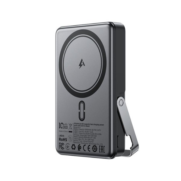 ACEFAST M17 10000mAh 22.5W PD magnetic wireless fast power bank in black color showing its compact square aluminum body with MagSafe ring layout, LED indicator lights, and integrated foldable back stand flipped open