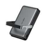 ACEFAST M17 10000mAh 22.5W PD magnetic wireless fast power bank in black color showing its compact square aluminum body with MagSafe ring layout, LED indicator lights, and integrated foldable back stand flipped open