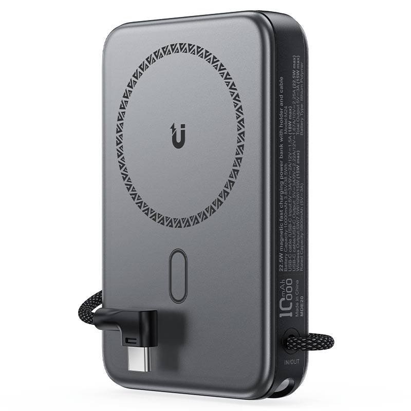 Acefast M24 premium pocket size 10000mAh magnetic wireless power bank with integrated foldable kickstand built-in type c cable 22.5W fast wired output smart status led light front view dark grey matte structure