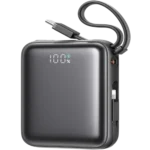 Joyroom JR-PBF27 premium mini pocket size 10000mAh power bank with integrated flexible lanyard fast charging Type-C cable 22.5W power delivery system and smart digital percentage display monitor front view matte shell